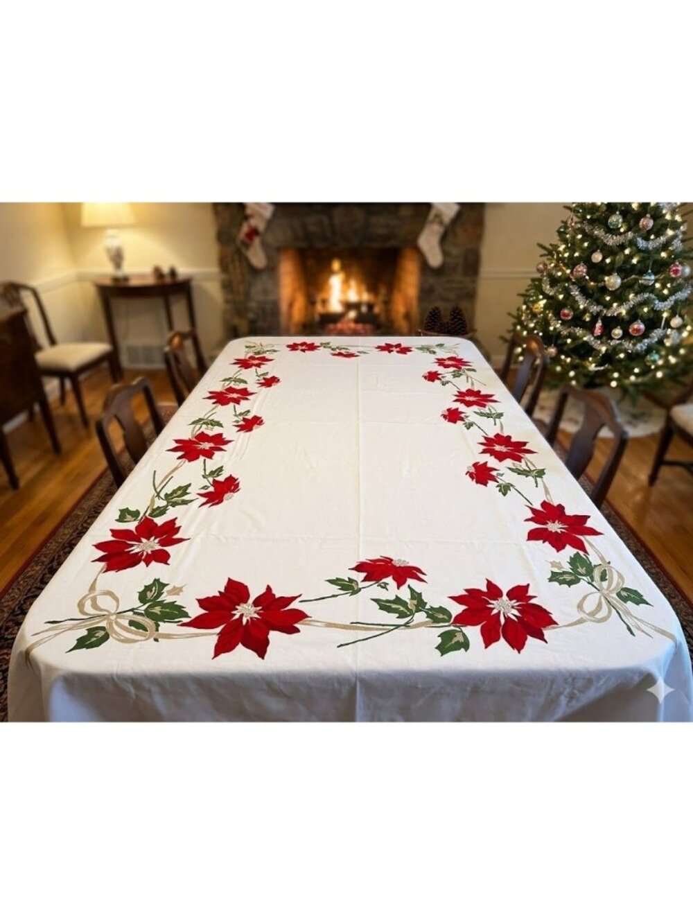 Vintage 50s California Handprints Christmas Tablecloth Poinsettia Ribbon 97x60